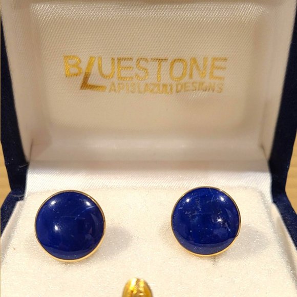 18K GOLD BLUESTONE LAPIS LAZULI DESIGNS ROUND BEZEL CUFFLINKS - Picture 2 of 7